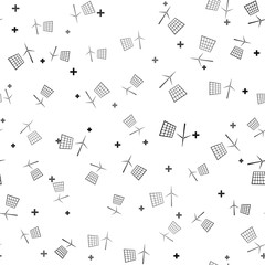 Black Wind mill turbines generating electricity and solar panel icon isolated seamless pattern on white background. Energy alternative, concept of renewable energy. Vector Illustration