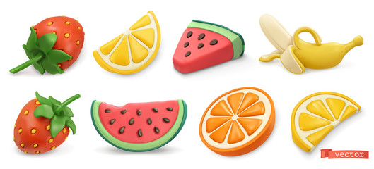 Summer fruits icon set with shadows. Strawberries, watermelon, lemon, orange, banana 3d vector objects. Plasticine art illustration © Natis