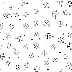 Black Scale weighing money and time icon isolated seamless pattern on white background. Scales with hours and a coin. Balance between work and the given time. Vector Illustration