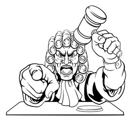 An angry judge cartoon character pointing and holding his gavel hammer