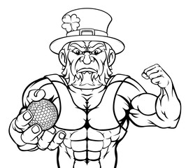 A leprechaun golf sports mascot holding a ball