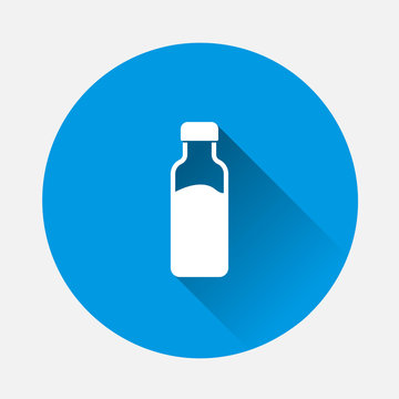 Vector icon milk bottle on blue background. Flat image with long shadow.