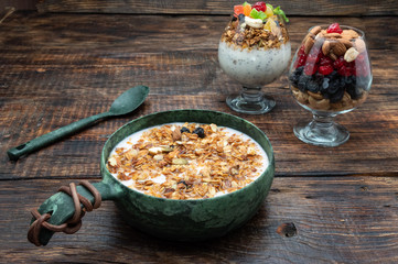 Tasty breakfast. Healthy breakfast with nuts. Cooked breakfast.