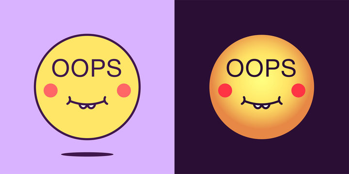 Emoji face icon with phrase Oops. Silly emoticon with text Oops. Set of cartoon faces, emotion icon for social media