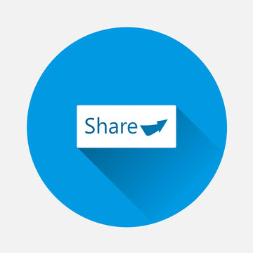 Share button icon on blue background. Flat image with long shadow.