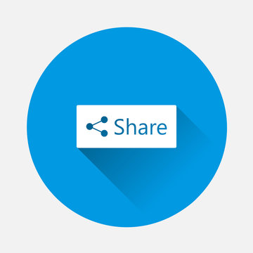 Share button icon on blue background. Flat image with long shadow.