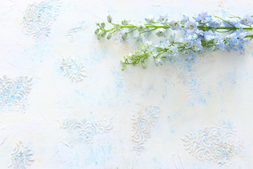 Fototapeta na wymiar spring bouquet of blue flowers over white vintage wooden background. top view, flat lay