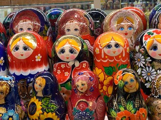  Wooden Nesting Dolls / Russian Matryoshka Dolls Souvenir Background. Toy Concept