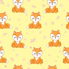 Cute fox seamless pattern, wolf hand drawn forest background with flowers and dots, vector illustration