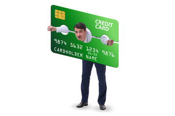 Businessman in credit card burden concept in pillory