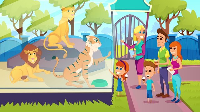 Happy Family of Mom, Dad, Daughter and Son Stand in Front of Glass Barrier with Lions and Tiger at Zoo, Guide, Parents and Children in Park, Walking Weekend Pastime, Cartoon Flat Vector Illustration