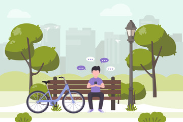 Young man sitting in city park and sending messages with smartphone. Stock vector. People and mobile technology flat illustration, chat, mobile messengers, communication in the modern world.