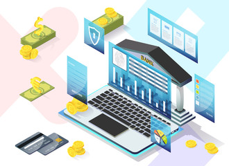 Informative Poster Increased Processing Speed. Flyer Use Payment Cards or Mobile Phones to Identify Users. Banner Laptop Keyboard Near Bank Building, around Money. Vector Illustration.