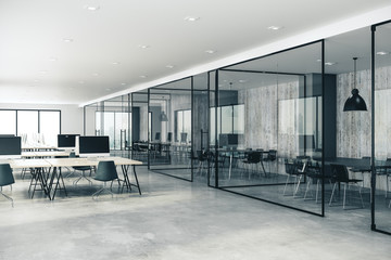 Concrete coworking glass office interior - obrazy, fototapety, plakaty