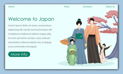People in Traditional Japanese Clothes on Blue Background. Website Advertising Image. Creative Design Tour Website. Vector Illustration. Travel Agency. Tourism Development. Traveling Around World.