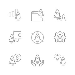 Startup linear icons on white background. Project launch concept. editable stroke