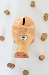 Münzen und Sparschwein  mit großen Augen langer Nase und Haare auf weißem Hintergrund isoliert	