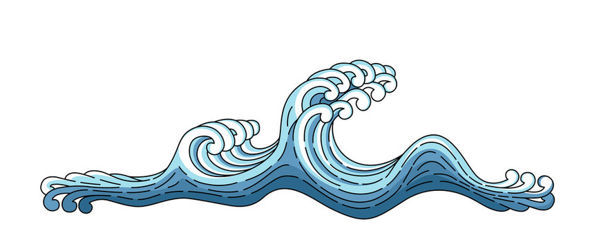 Japan blue wave. Japanese oriental style vector art illustration. Vector Japan wave isolated on a white background. Linear style outline. Asian, chinese ocean blue wave.