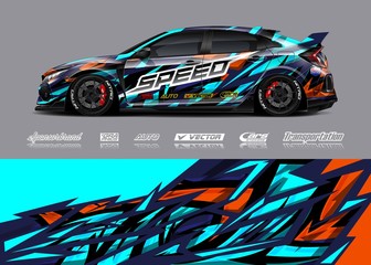 Fototapeta premium Car decal design vector. Graphic abstract stripe racing background designs for vehicle, race, rally, adventure and car racing livery.