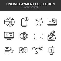 Online payment collection linear icons in black on a white background