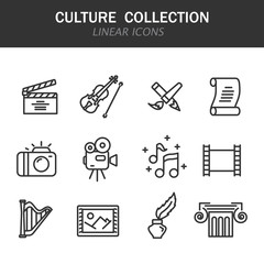 Culture collection linear icons in black on a white background