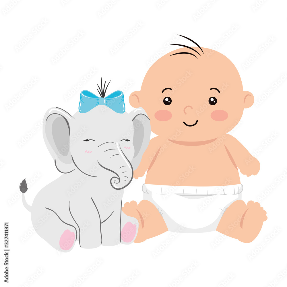 Sticker cute little baby boy with cute elephant vector illustration design