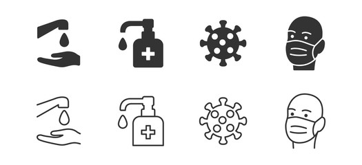 Hygiene vector icon set. Virus care black line outline icons collection. Washing hands, anti bacterial soap
