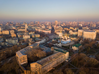 Aerial drone view. View of the Podil district in Kiev in the early morning.
