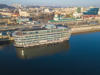 Obraz premium Aerial drone view. A ship on the pier in Kiev.