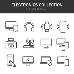 Electronics collection linear icons in black on a white background
