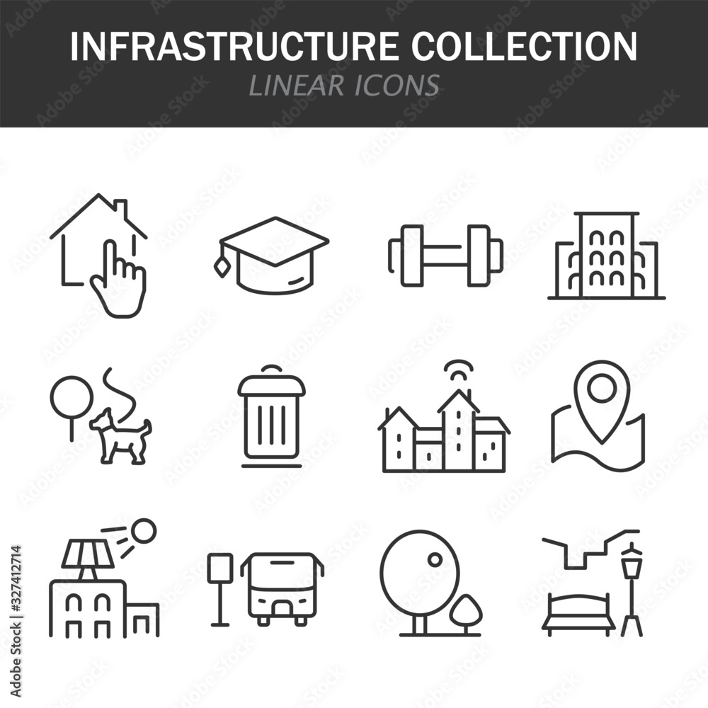 Poster infrastructure collection linear icons in black on a white background