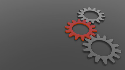Abstract background of 3 gears on right side, one red on grey background empty space for text