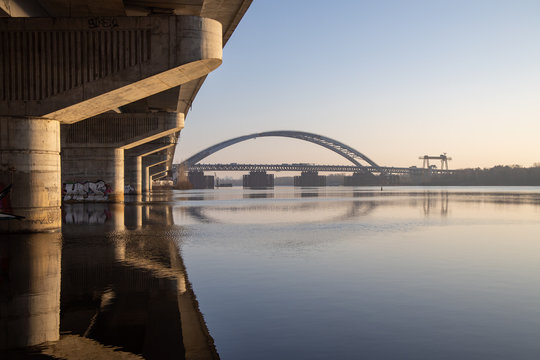 View across the Dnieper River to the bridge under construction. Near the Havana bridge in Kiev