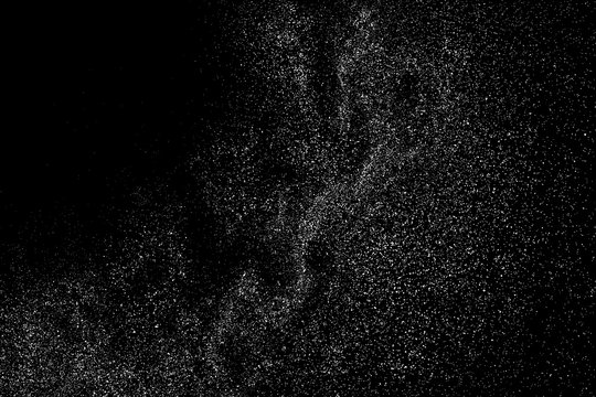White Grainy Texture Isolated on Black Background. Dust Overlay. Light Coloured Noise Granules. Snow Vector Elements. Digitally Generated Image. Illustration, Eps 10.