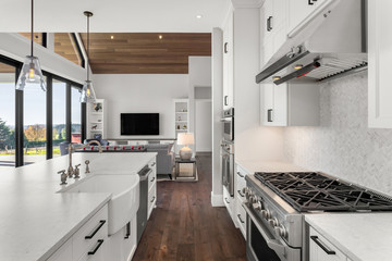 Beautiful kitchen and living room in new luxury home. Shows view of living room with vaulted ceiling