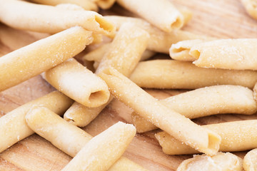 Homemade raw apulian pasta Maccheroncini typical dish of Southern Italy, Puglia, Salento