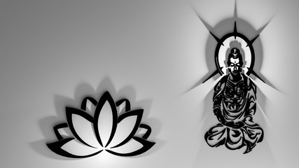 Buddha with a Lotus on a gray background. Play of light and shadow. Space for text. Photo Wallpapers on the theme of religion. Prerequisites for yoga classes.