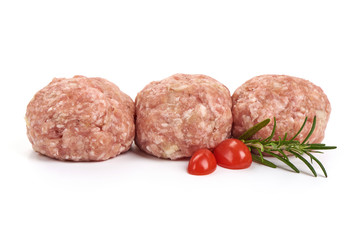 Raw pork meatballs, isolated on white background