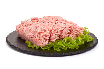 Fresh pork minced meat, isolated on white background
