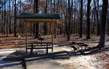 Seating area in Arnette Park, Fayetteville, North Carolina, USA