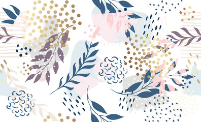 Seamless exotic pattern with tropical plants and gold elements. Vector
