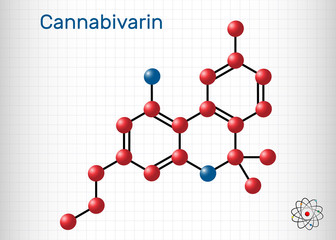 Cannabivarin, CBV molecule. It is natural product found in Cannabis sativa, is non-psychoactive cannabinoid. Structural chemical formula and molecule model. Sheet of paper in a cage