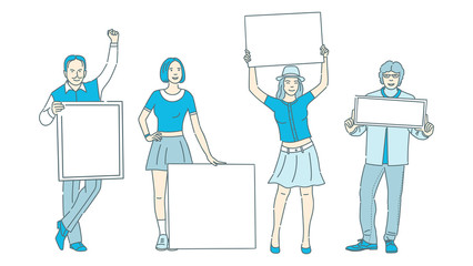 People holding placards with space for text cartoon illustration. Activism, demonstration, advertising.