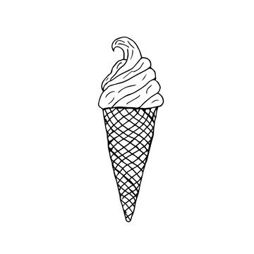 Hand drawn vector illustration. Simple silhouette of ice cream in a waffle cone. Doodle image style, shape, sketch. Black lines on a white background. Cute drawing for decor, cafe menu.