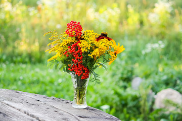 Handmade bouquet of wildflowers. Rowan berries on branch, goldenrog plant and tansy flowers. Floral composition in transparent vase on summer nature background outdoors.