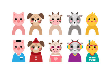 Vector set of kawaii animal portraits vector illustration