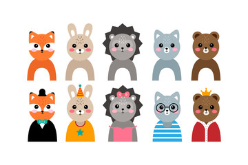 Vector set of kawaii animal portraits vector illustration