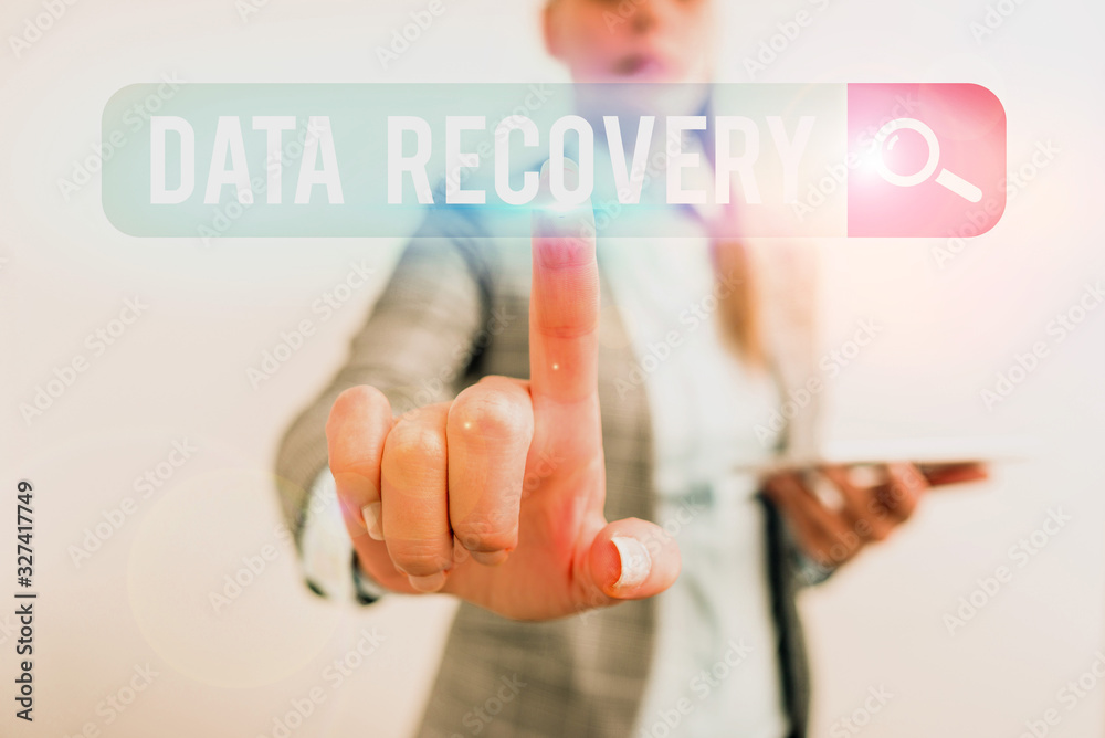 Poster writing note showing data recovery. business concept for process of salvaging inaccessible lost or c