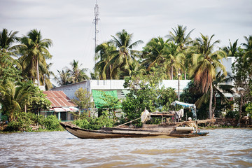 Boat at floating market at delta Mekong in Can Tho