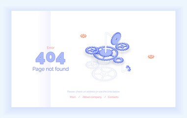 Error 404. Web page template, page not found. Gear mechanism. Vector illustration, isometric style, line art.